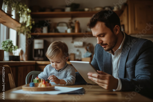 A man and a child are sitting at a table with a tablet in front of them