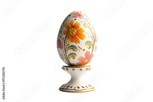 Decorative Floral Painted Easter Egg on Stand - Isolated on White Transparent Background, PNG
 photo