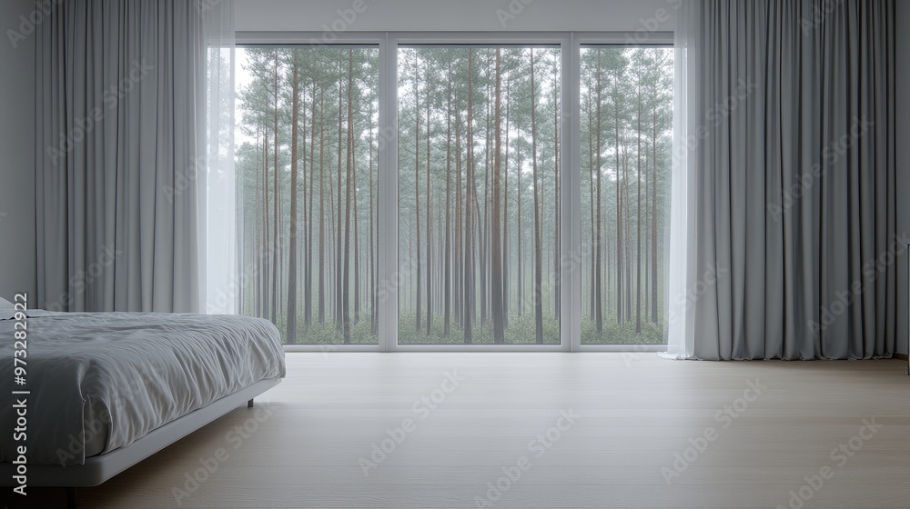 Fototapeta premium Large windows showcase a misty forest view in this inviting bedroom, complete with a comfortable bed and soft lighting creating a peaceful atmosphere