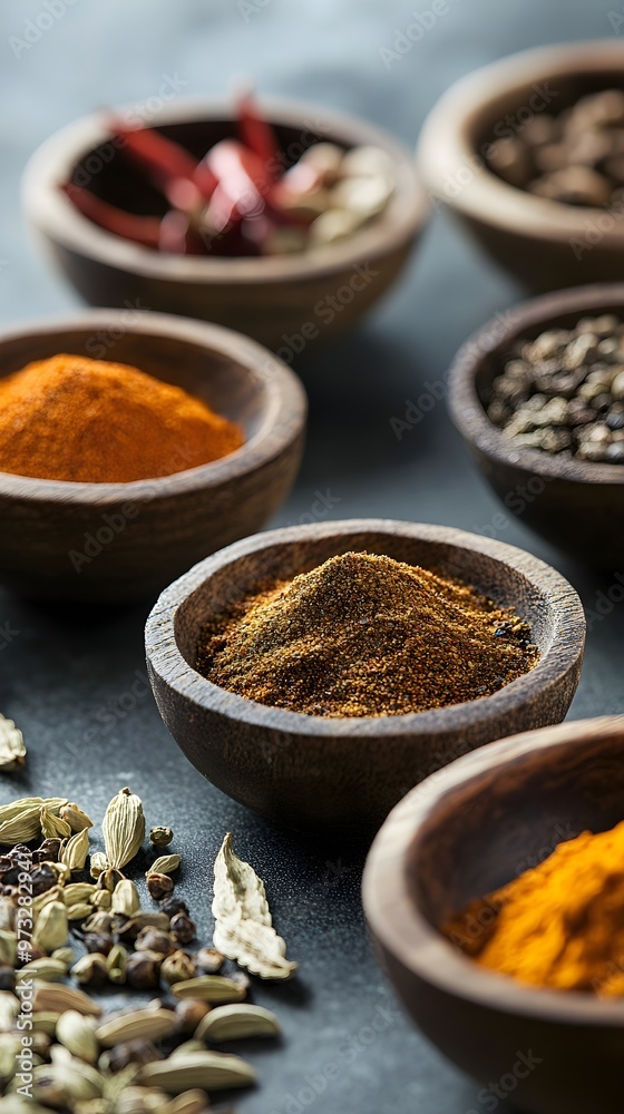 A detailed close-up of assorted spices in small bowls, with ample copy space and a muted background A detailed close-up of assorted spices in small bowls, with ample copy space and a muted background