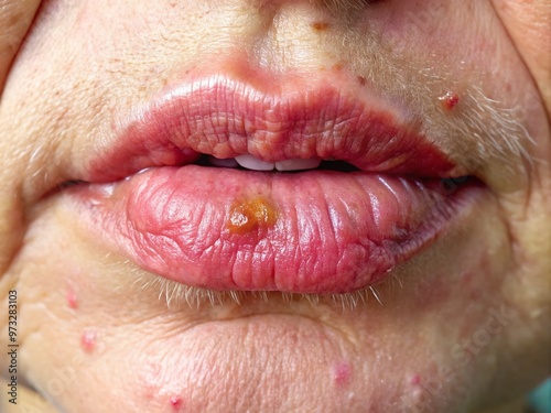 A close-up of an ulcerated lip lesion with redness, swelling, and crusting, highlighting the importance of early photo