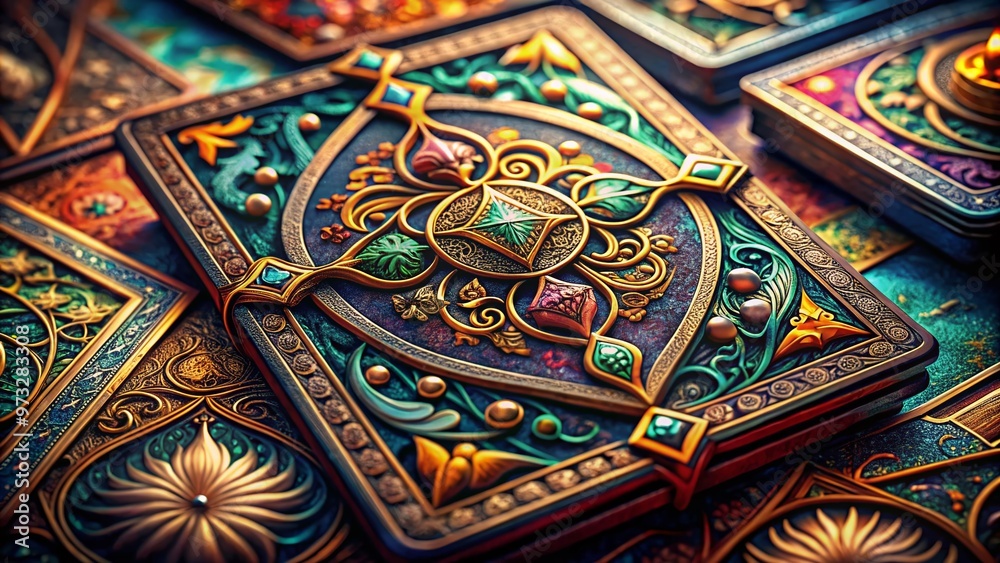 A close-up shot of a fantasy-themed playing card design with intricate illustrations, ornate borders, and vibrant colors, showcasing a visually stunning and immersive game experience. A close-up shot of a fantasy-themed playing card design with intricate illustrations, ornate borders, and vibrant colors, showcasing a visually stunning and immersive game experience.