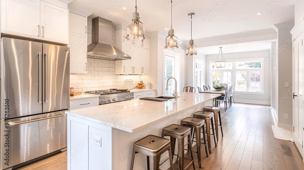 Modern Kitchen Island with Stainless Steel Appliances and White Cabinets Modern Kitchen Island with Stainless Steel Appliances and White Cabinets