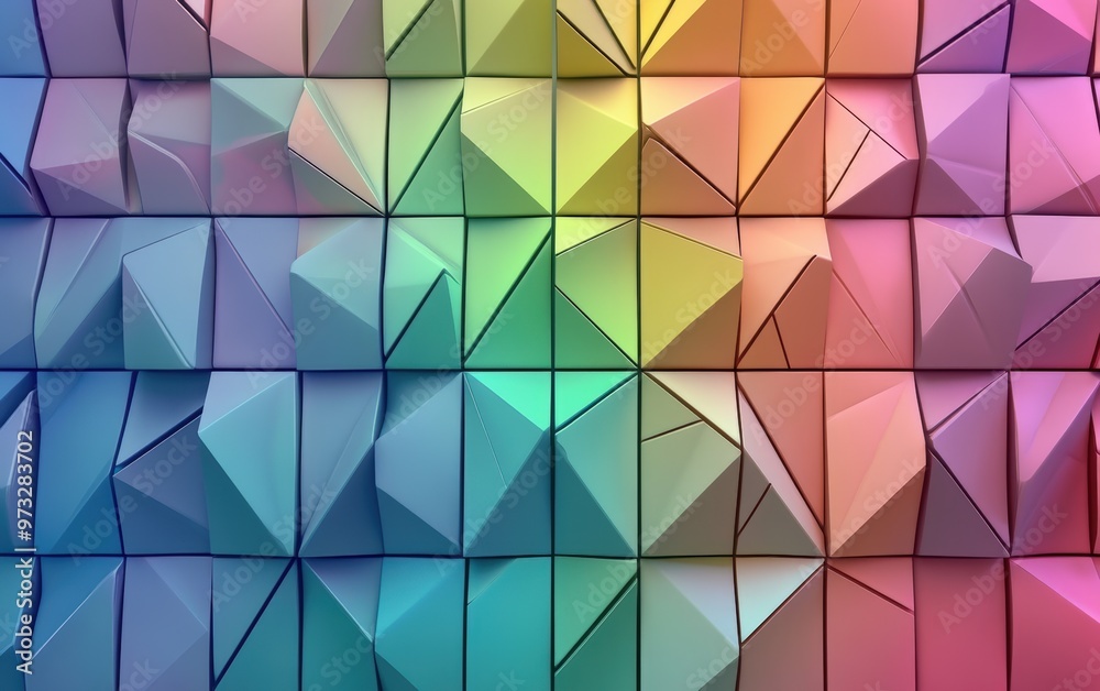 Fototapeta premium Futuristic, High Tech, rainbow background, with a triangular block structure. Wall texture with a 3D triangle tile pattern. 3D render --ar 8:5 --v 6.1 Job ID: cab677b9-ecb8-457c-8583-1fe62963f358