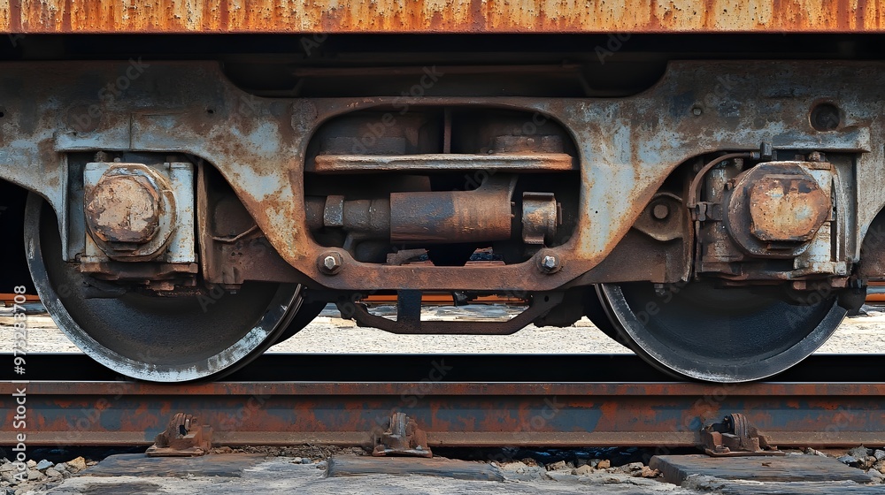 Naklejka premium A detailed close-up of a train wheel on a railway track, showcasing the intricate mechanics and rust
