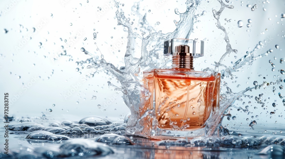 Perfume bottle and dynamic water splash on white backdrop Close-up photo with clean background Perfume bottle and dynamic water splash on white backdrop Close-up photo with clean background