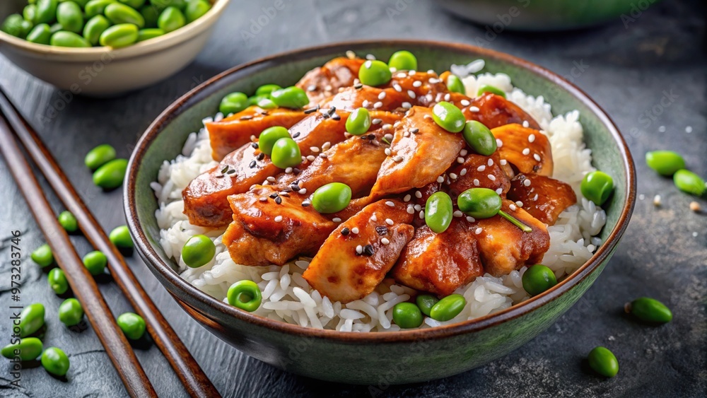 Close-up shot of teriyaki chicken with rice and edamame beans in gray bowl, Japanese cuisine Close-up shot of teriyaki chicken with rice and edamame beans in gray bowl, Japanese cuisine