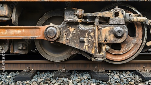 A detailed close-up of a train wheel on a railway track, showcasing the intricate mechanics and rust