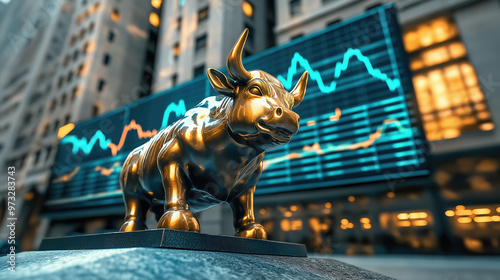 Bullish Stock Market, Symbol of Financial Economy Strength, Chart and City Background