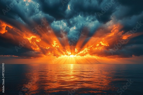 Sunbeams breaking through dark clouds after a storm