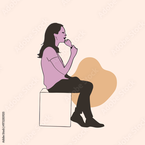 Happy woman eating ice cream, vector silhouette illustration, isolated white background 