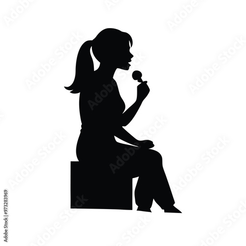 Happy woman eating ice cream, vector silhouette illustration, isolated white background 
