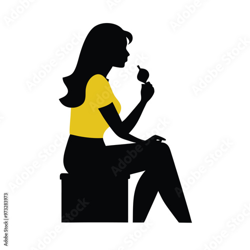 Happy woman eating ice cream, vector silhouette illustration, isolated white background 