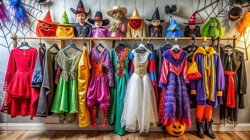 A colorful array of spooky and playful Halloween costumes hangs on a rack, featuring witches, devils, ghosts, and superheroes, surrounded by cobweb-covered accessories. A colorful array of spooky and playful Halloween costumes hangs on a rack, featuring witches, devils, ghosts, and superheroes, surrounded by cobweb-covered accessories.