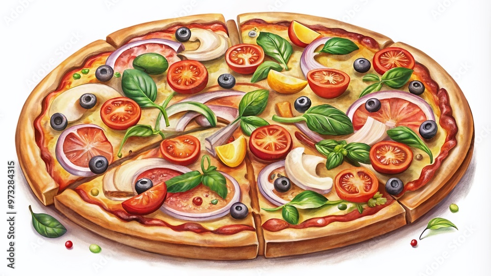 A colorful illustration guide on a white background, showcasing step-by-step instructions on how to draw a delicious and meticulously detailed pizza, complete with toppings. A colorful illustration guide on a white background, showcasing step-by-step instructions on how to draw a delicious and meticulously detailed pizza, complete with toppings.