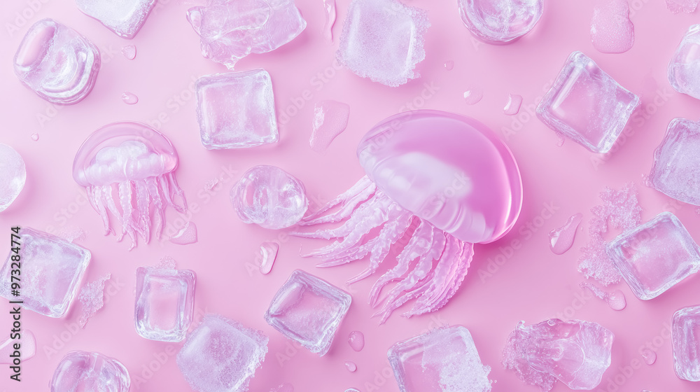jellyfish and ice cubes pattern on pastel pink background jellyfish and ice cubes pattern on pastel pink background