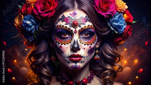 A creative Halloween makeup concept featuring a sugar skull design with intricate details, bold colors, and glittering accents, perfect for spooky celebrations and costume parties.