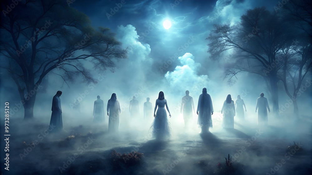 Ghostly Figures in Foggy Moonlit Forest, Eerie and Mysterious Supernatural Scene Ghostly Figures in Foggy Moonlit Forest, Eerie and Mysterious Supernatural Scene