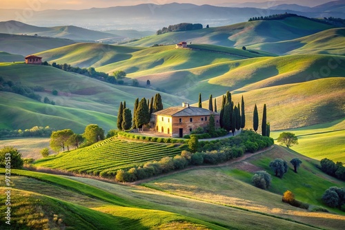 Close-up Tuscany landscape and farmhouse in the hills of Val d'Orcia