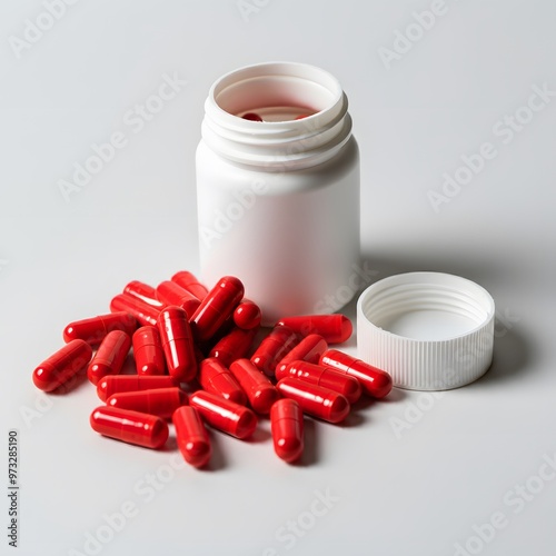 Scattered red pills with bottle and cap on a white background