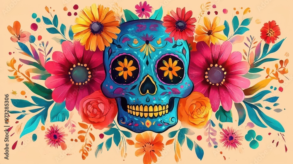 Vibrant sugar skull surrounded by colorful flowers, celebrating life and death with a festive, artistic flair. Vibrant sugar skull surrounded by colorful flowers, celebrating life and death with a festive, artistic flair.
