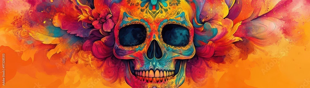 Vibrant and decorative skull art featuring intricate floral designs and colorful patterns, conveying a festive essence.