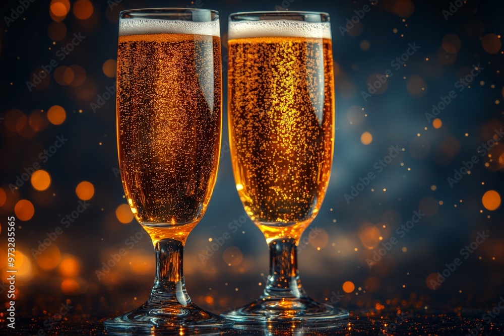 Two champagne glasses filled with bubbly champagne, surrounded by festive golden bokeh lights, symbolizing celebration and elegance. Two champagne glasses filled with bubbly champagne, surrounded by festive golden bokeh lights, symbolizing celebration and elegance.