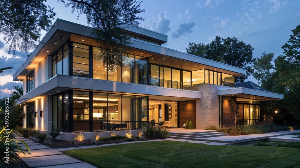 Modern Luxury Home with Expansive Windows and Stunning Nighttime Lighting Modern Luxury Home with Expansive Windows and Stunning Nighttime Lighting