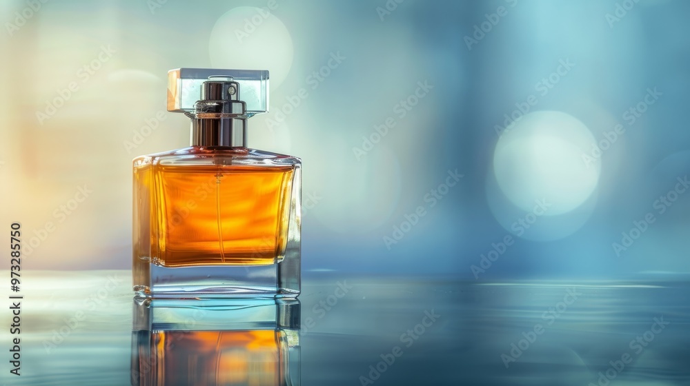 Perfume bottle with reflections on glass surface and minimalistic background Close-up photo with clean background Perfume bottle with reflections on glass surface and minimalistic background Close-up photo with clean background