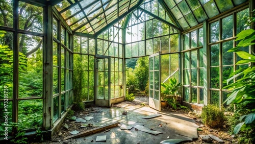 A delicate glass-walled conservatory surrounded by lush greenery, with cracks and broken shards scattered on the floor, contrasting fragility and resilience.