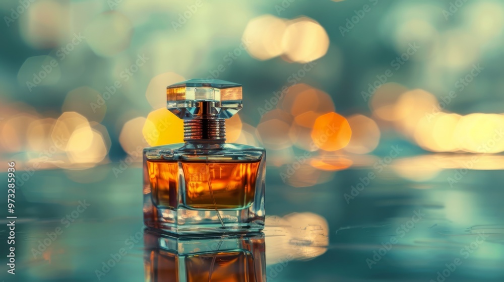Perfume bottle with reflections on glass surface and minimalistic background Close-up photo with clean background Perfume bottle with reflections on glass surface and minimalistic background Close-up photo with clean background