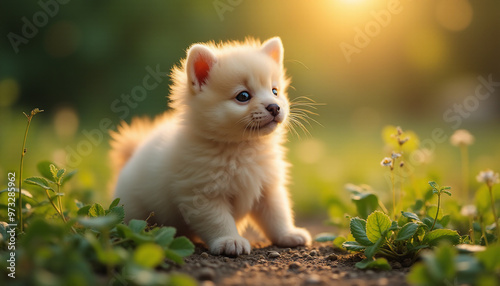 Cute dog on a walk in a flower meadow