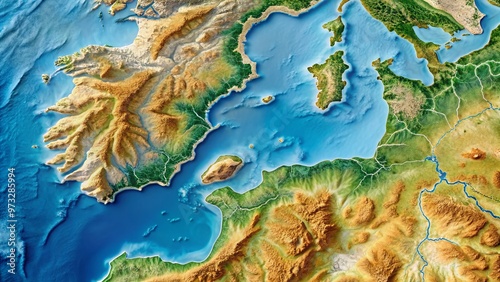 A detailed topographic map of the Strait of Gibraltar, separating Europe and Africa, showcasing the narrow water passage connecting the Mediterranean Sea to the Atlantic Ocean. photo