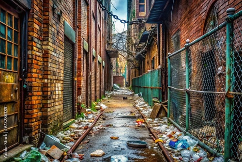 A distressed, abandoned alleyway littered with discarded trash, shattered glass, and twisted metal fragments, photo