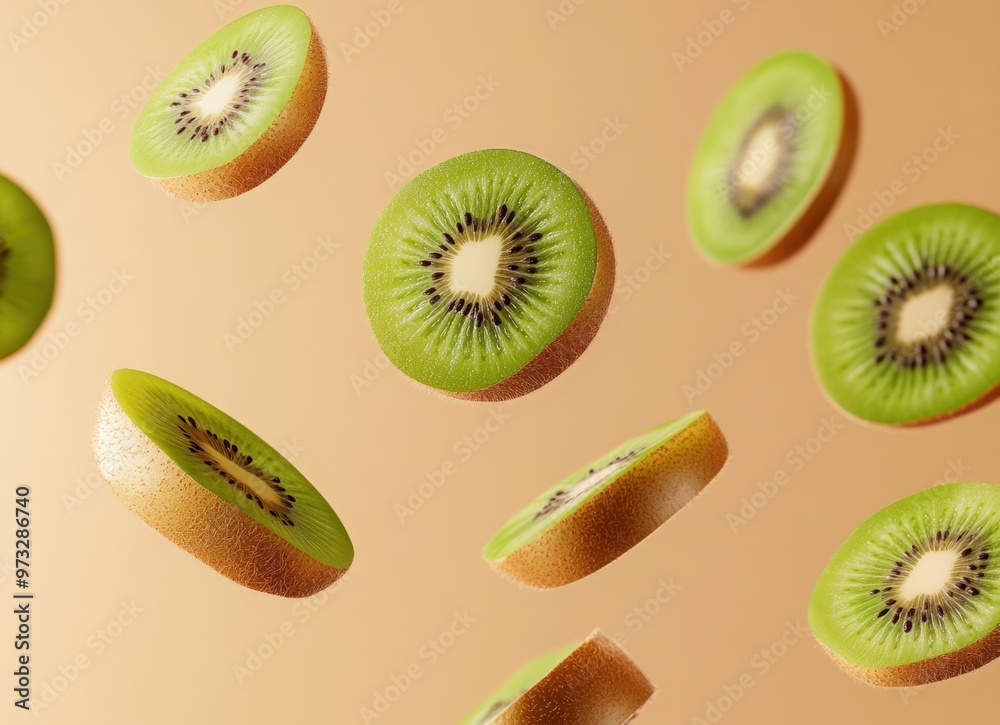 Fototapeta premium Falling kiwi fruit slices on a beige background with copy space. Background for product presentation design. concept of fresh and healthy food.