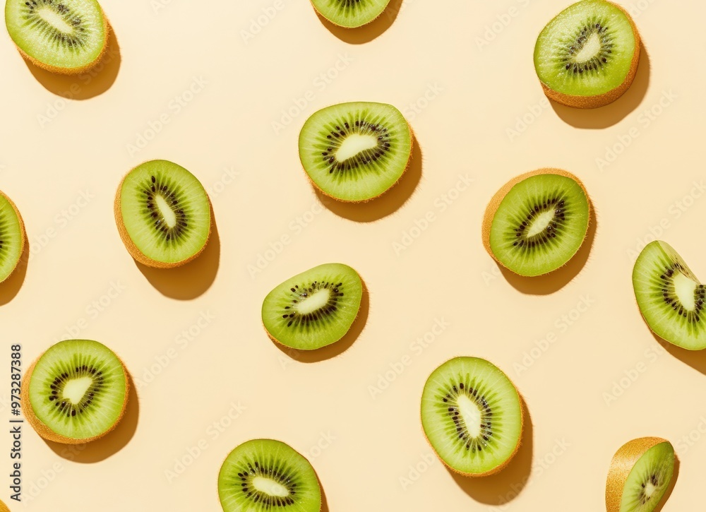 Fototapeta premium Falling kiwi fruit slices on a beige background with copy space. Background for product presentation design. concept of fresh and healthy food.