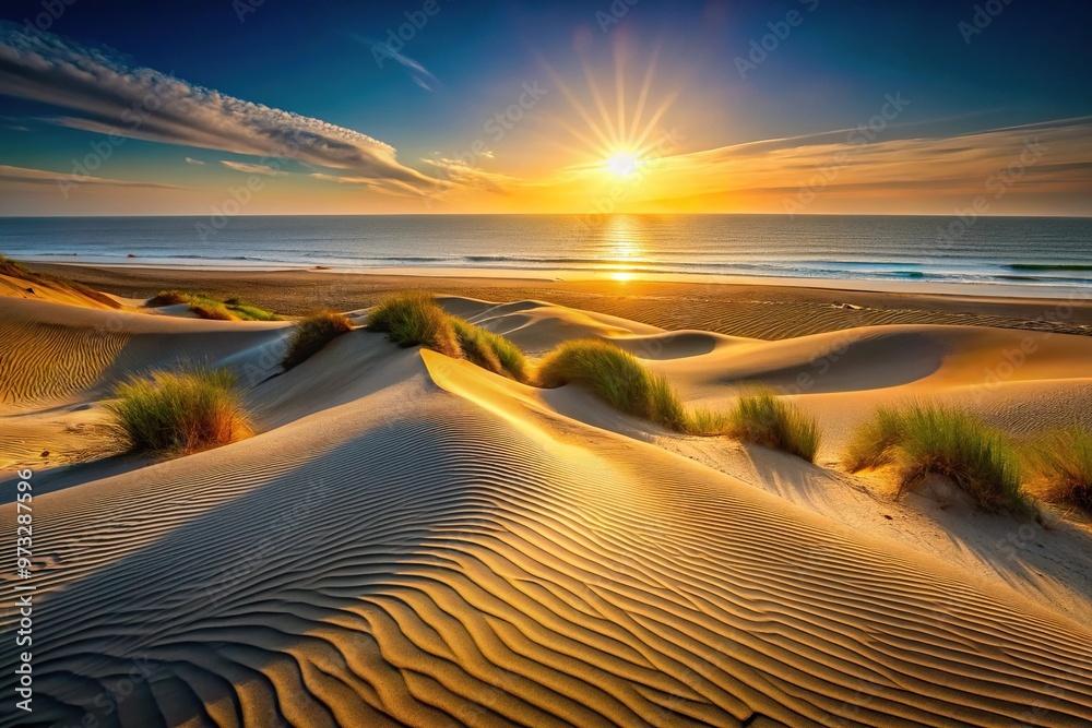 Naklejka premium Coastal dune landscape with golden light and distant horizons