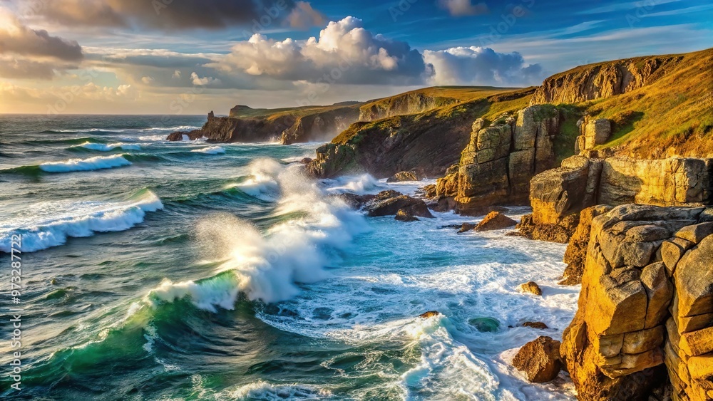 Coastal landscape with crashing waves on rocks and cliffs in foreground Coastal landscape with crashing waves on rocks and cliffs in foreground