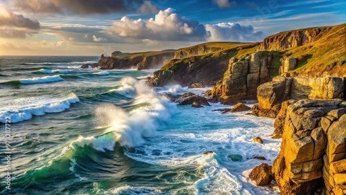 Coastal landscape with crashing waves on rocks and cliffs in foreground