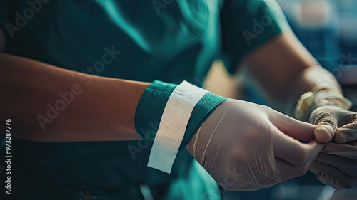 A nurse carefully places medical bandage on patients arm, showcasing professionalism and care