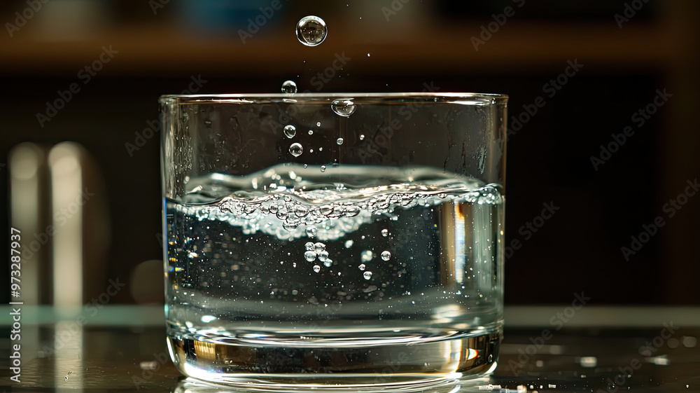 A close up of water with bubbles forming in glass, creating refreshing scene A close up of water with bubbles forming in glass, creating refreshing scene