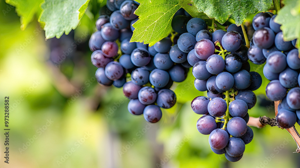 Fototapeta premium Ripe grapes hanging from vine, ready for harvest, showcase their rich color