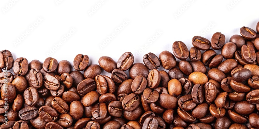 Fototapeta premium Coffee beans border on white background with copy space above, close-up