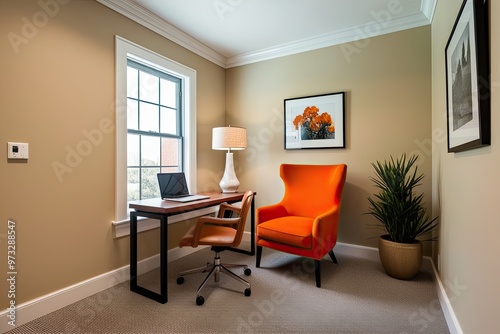 Stylish Office Space Featuring Elegant Orange Armchair Against Light Beige Wall