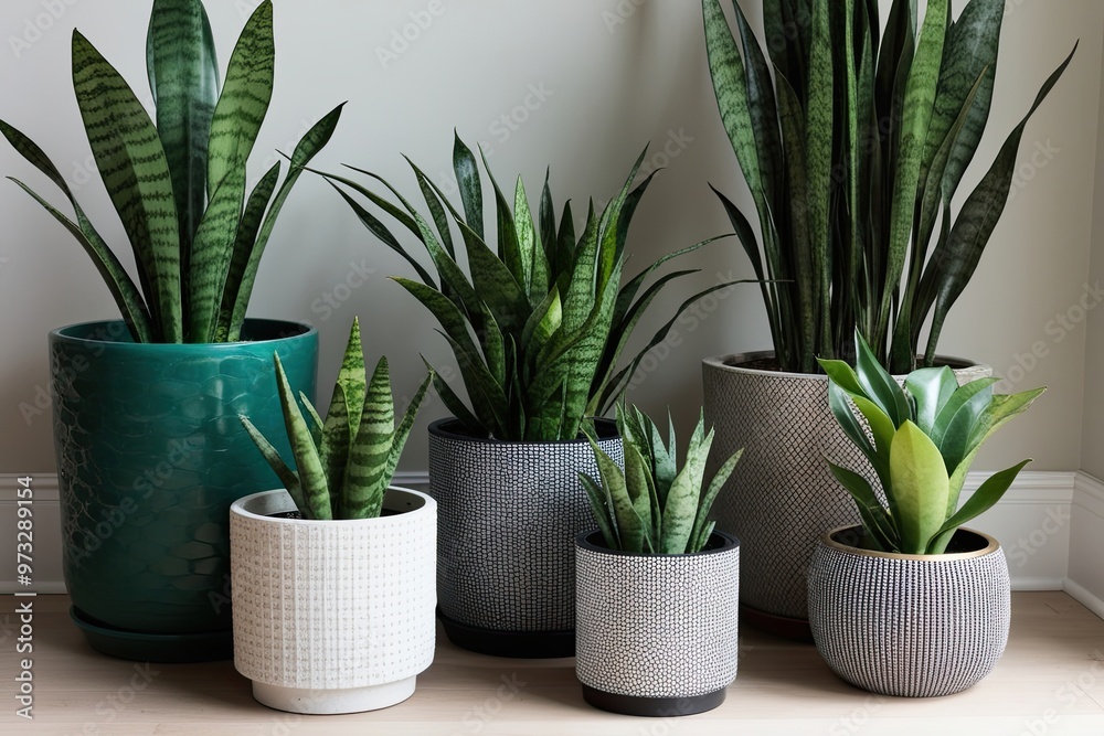 Fototapeta premium Stylish Houseplant Collection featuring Various Sansevieria in Modern Containers