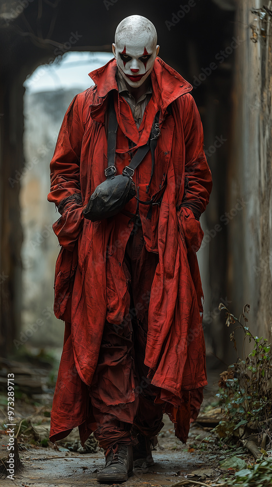 Man in a Halloween red costume. Full body shot. Professional photo. Horror. Man in a Halloween red costume. Full body shot. Professional photo. Horror.