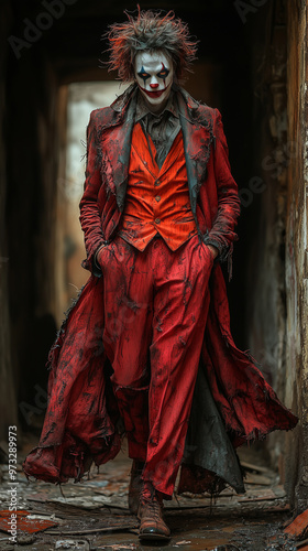 Man in a red clown costume for Halloween. Horror. Full body shot. Professional photo.