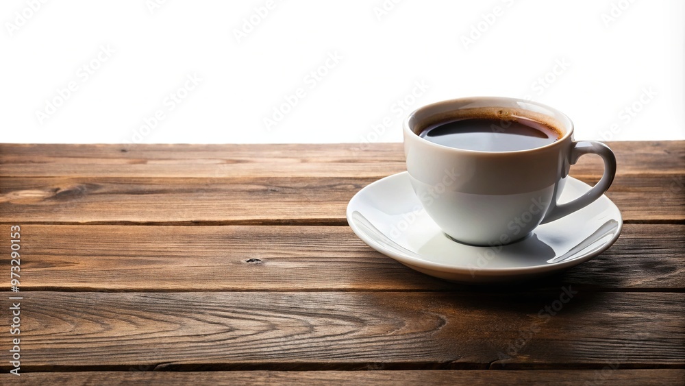 Coffee cup on wooden table against white background, clipping path included Coffee cup on wooden table against white background, clipping path included