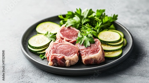 Minimalism in the kitchen featuring of raw lamb cutlets with thinly sliced zucchini and parsley on a plain backdrop photo