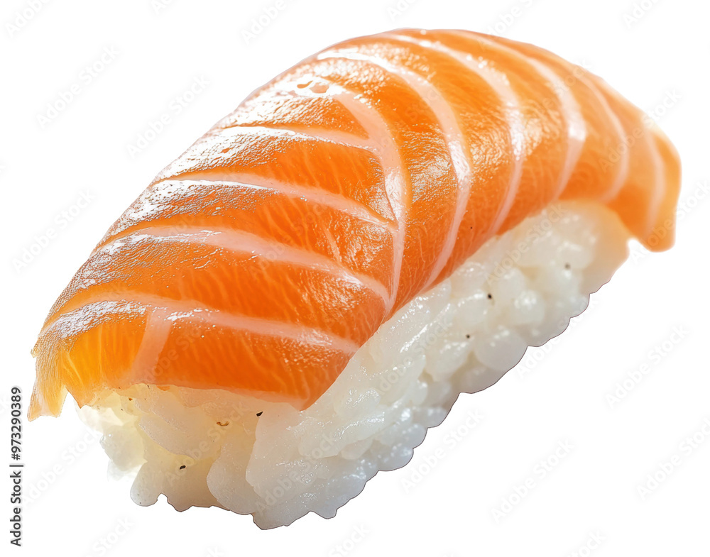 PNG Fresh salmon sushi served on white rice bed PNG Fresh salmon sushi served on white rice bed